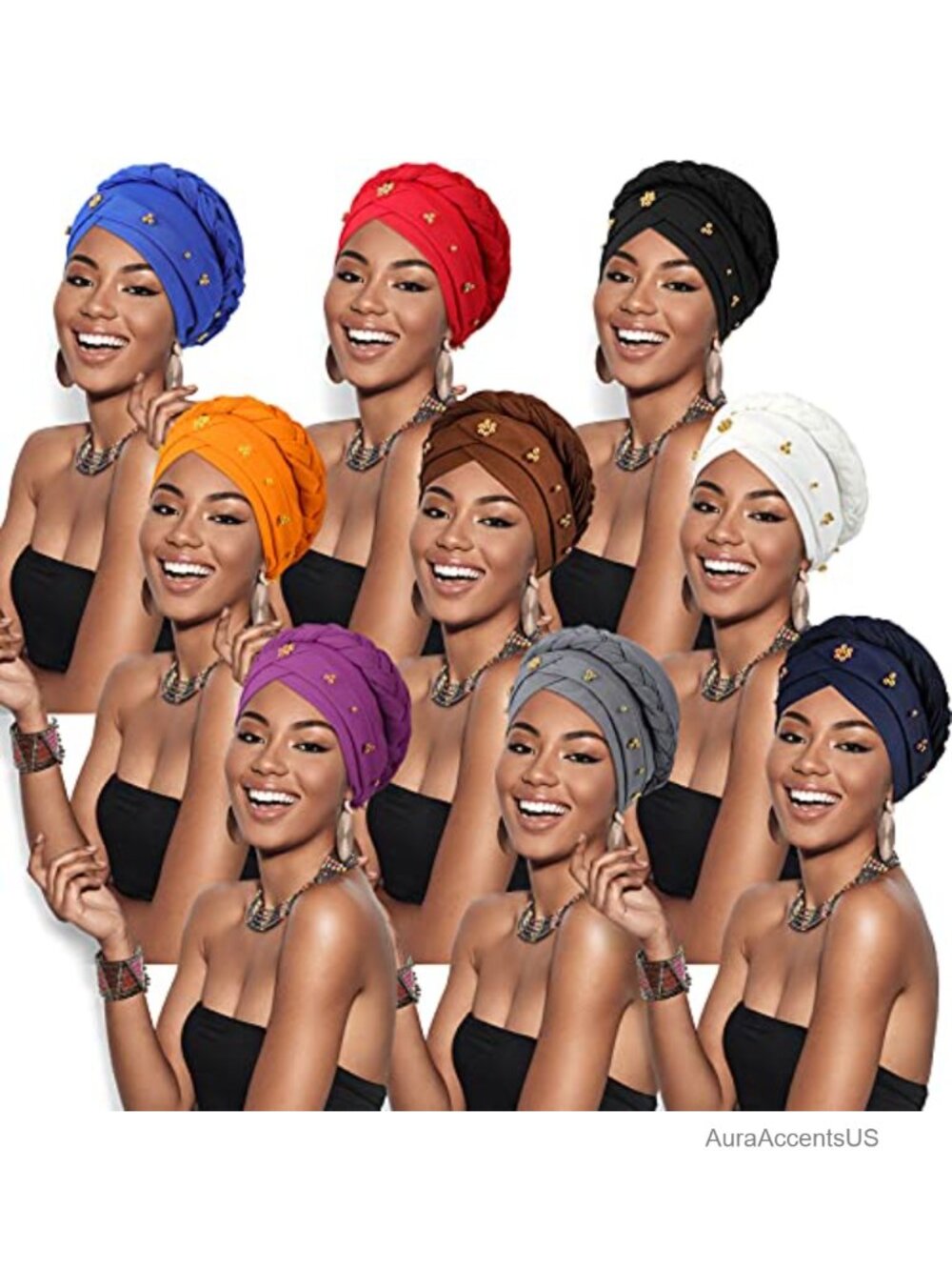 9 Pc Silky Fiber Faux Pearl Twisted Braid Turban Head Wraps